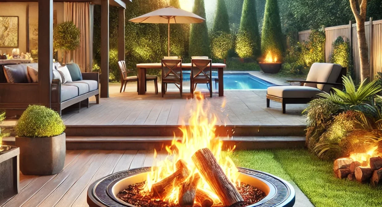 backyard scene featuring a comparison between a gas fire pit and a wood-burning fire pit. On one side, there is a modern gas fire pit with clean lin